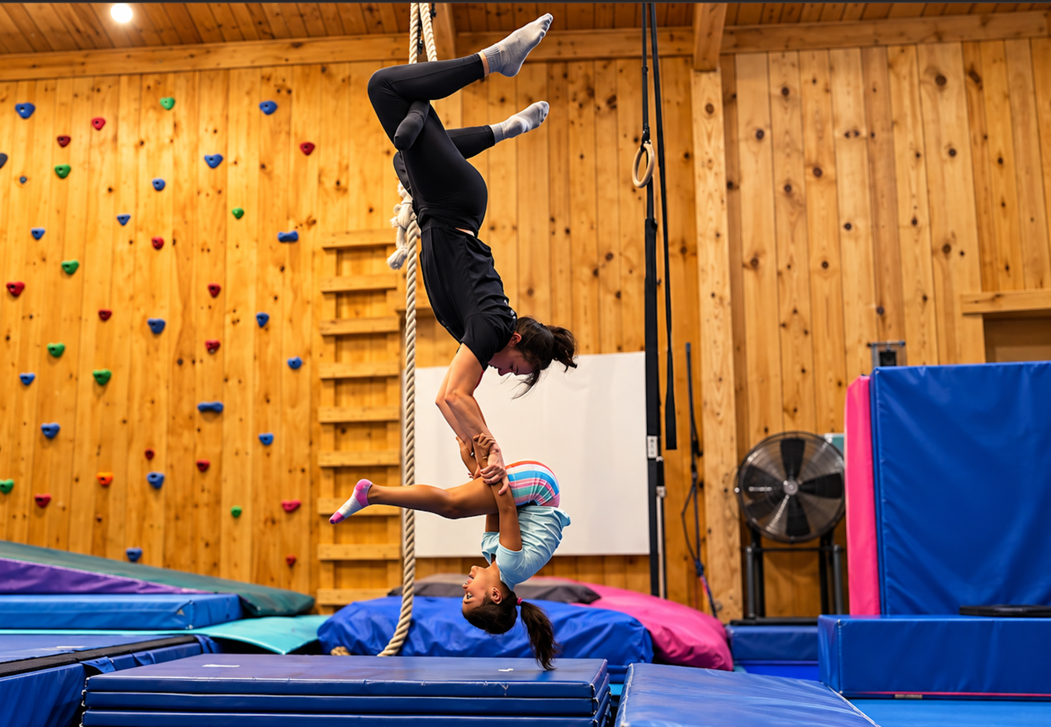 Mrs. Kathy upside down, holding hands with a child in the gym