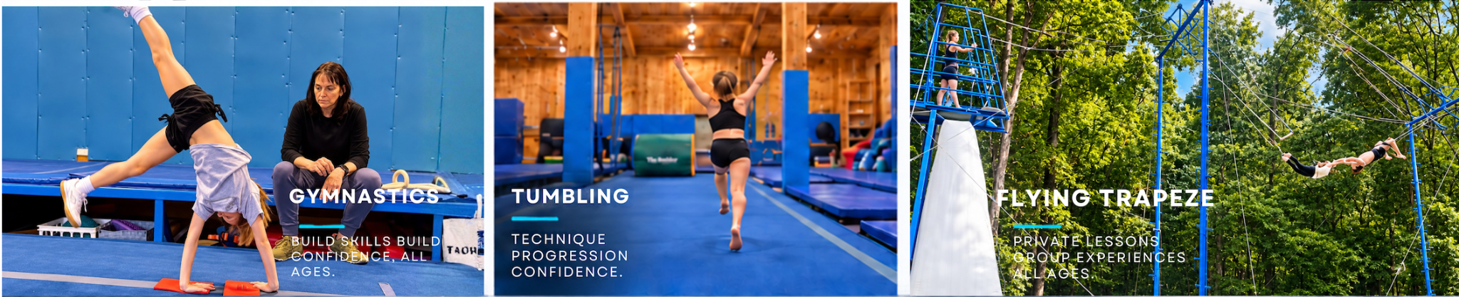Gymnastics coaching with Mrs. Kathy, tumbling in the gym, and outdoor flying trapeze. Build skills and confidence at all ages.