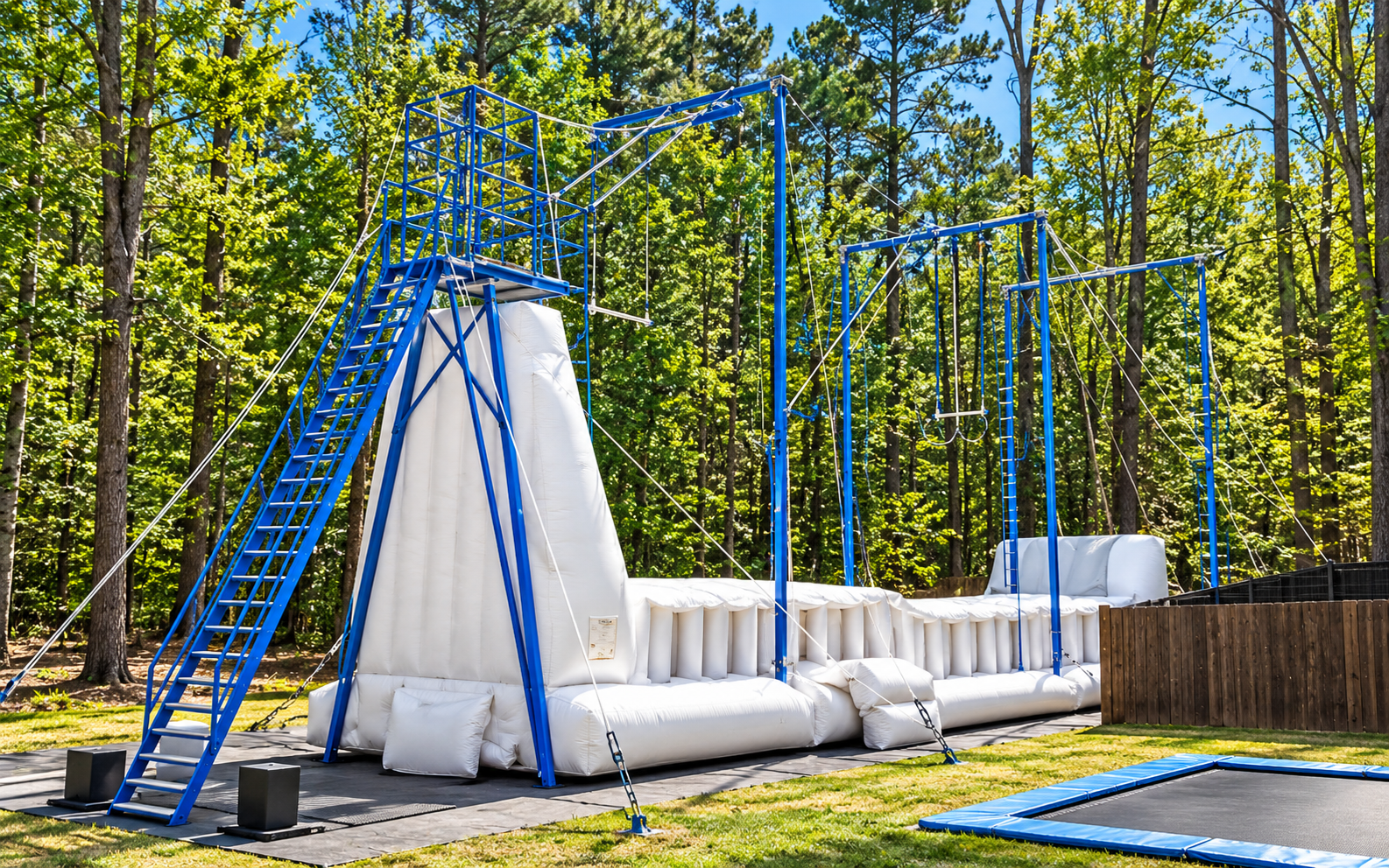 Full outdoor view of the blue flying trapeze rig and its white airbag landing area